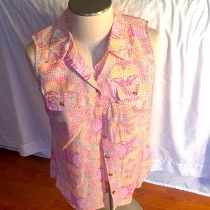 bright pink and orange sleeveless blouse